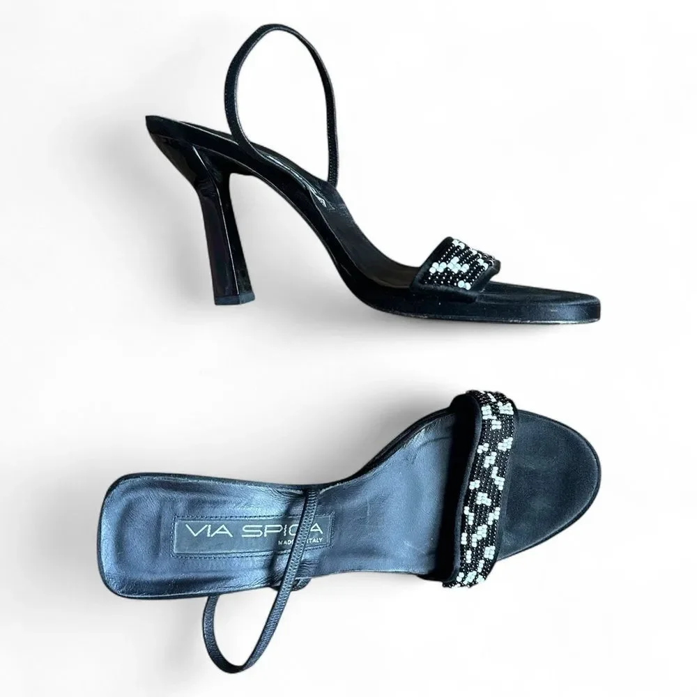 Via Spiga Black Beaded Slingback Heels 7.5M Open Toe Evening Sandals Italy